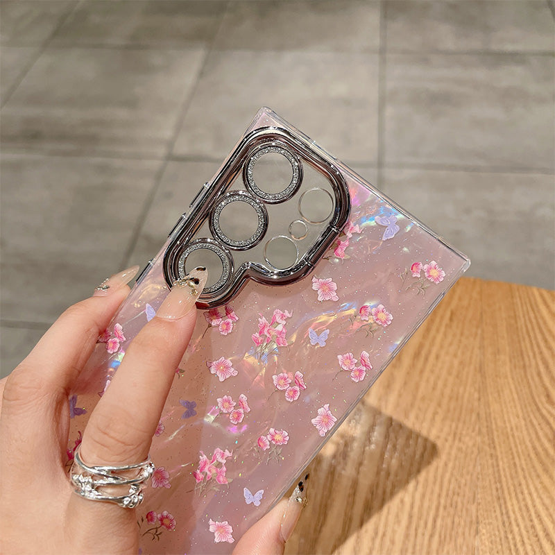 Cute Floral Phone Case with Pearl Gloss Back & Camera Stand – Full-Cover Protection