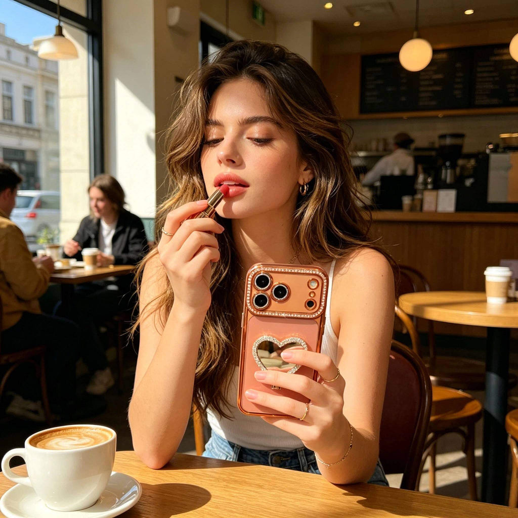 Crystal Heart Mirror Stand iPhone Case – Glam Style & Full Protection
